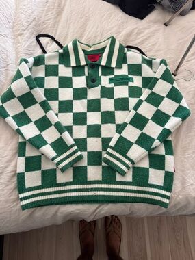 Green & White Checker Knit Polo Sweater